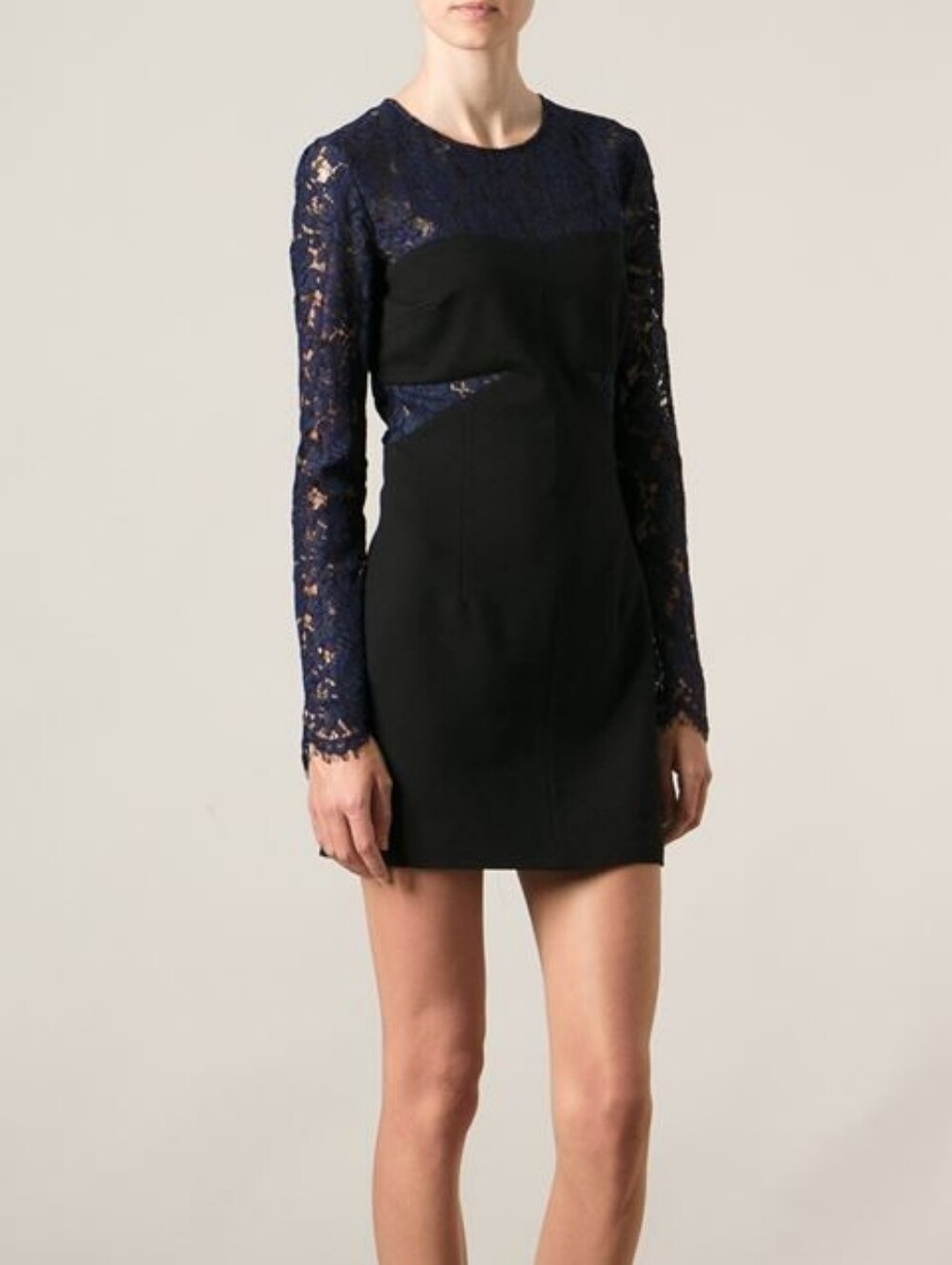 MSGM Black Navy Blue Lace Long Sleeve Cut Out Bodycon Mini Dress Sz 4 Cocktail